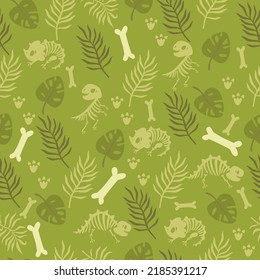 Seamless children's pattern with dinosaur skeletons. Cute children's background with dino. Tropical pattern with palm leaves