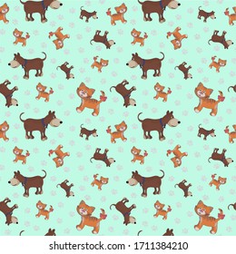 Seamless children's pattern with dogs and cats scattered all over the background. Cute cartoon puppies and kittens.
You can set your own background.