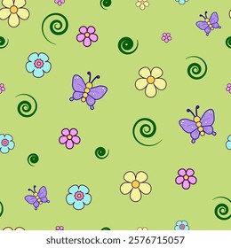 seamless children's pattern with flowers and butterflies