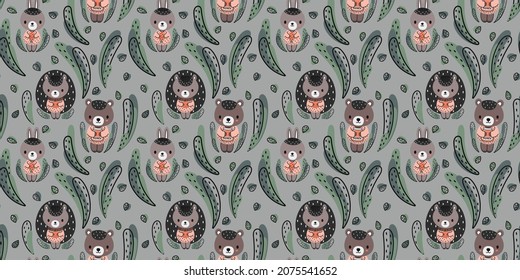 Patrón de niños sin mar de arcos, erizos, osos con hojas y pasto sobre un fondo gris. Para ropa de niño, papel pintado, guardería, textiles. Vector.