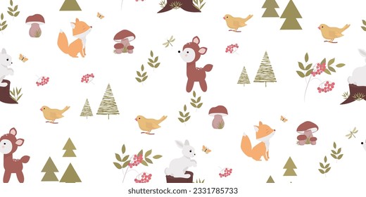  Seamless children's pattern with a fox and a deer surrounded by fir trees. Perfect for wallpaper and textile printing