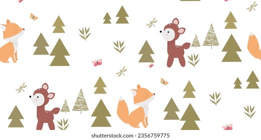 Seamless children's pattern with a fox and a deer surrounded by fir trees. Perfect for wallpaper and textile printing