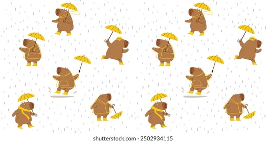 Patrón de niños sin fisuras: divertidos capibaras con paraguas caminan bajo la lluvia. Vector lindo bebé ilustración.