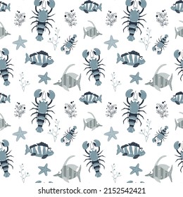 Seamless children's pattern with funny fish and sea animals. Children's texture for fabric, packaging, textiles, wallpaper, clothing. Vector background.