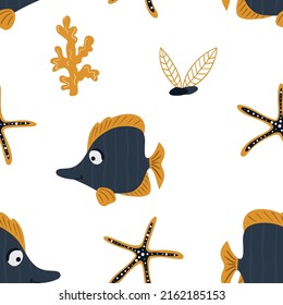 Seamless children's pattern with funny fish and sea animals. Children's texture for fabric, packaging, textiles, wallpaper, clothing. Vector background.