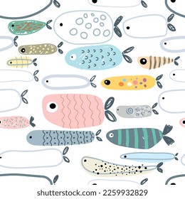 Seamless children's pattern with funny fish. Creative Scandinavian children's texture for fabric, packaging, textile, wallpaper, clothing. Vector background illustration in yellow and blue.