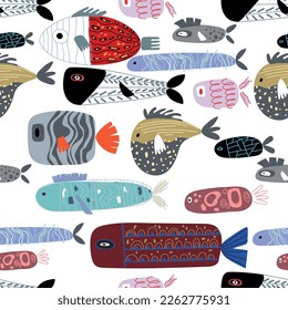 Seamless children's pattern with funny fish. Creative Scandinavian children's texture for fabric, packaging, textile, wallpaper, clothing. Vector background illustration .