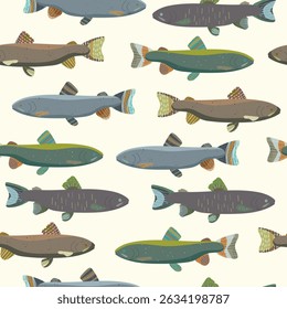 Padrão infantil perfeito com peixes engraçados. Textura infantil escandinava criativa para tecido, embalagem, têxtil, papel de parede, roupas. Ilustração do plano de fundo do vetor	
