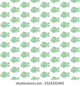 Seamless children's pattern with green fishes in a simple, flat style. For the design of fabrics, posters, wrapping paper