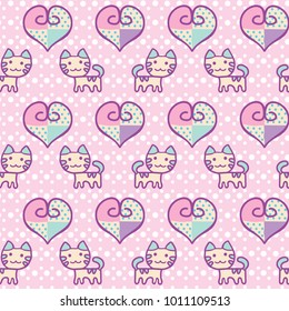 Seamless children's pattern with hearts and kittens on a pink background