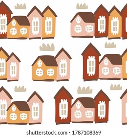 Seamless children's pattern with houses and clouds. Boho style, children's texture for fabrics, wraps, textiles, Wallpaper, clothing, interior, bed linen. Vector.