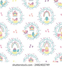 Seamless children's pattern with images of birds, flowers and rainbows. Nest, rainbow, birds, nest, eggs