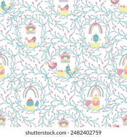 Seamless children's pattern with images of birds, flowers and rainbows. Nest, rainbow, birds, nest, eggs