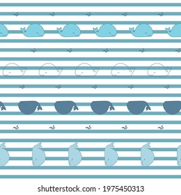 seamless children's pattern, images of whales, marine themes, blue shades, stripes