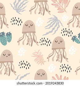 Seamless children's pattern with a jellyfish. Design of children's clothing for newborns, fabrics, dishes, rooms, wallpapers. Marine pattern with animals. Cute jellyfish with algae. Doodle style.