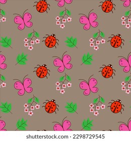 seamless children's pattern with ladybug, butterfly and flowers