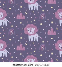 Seamless children's pattern with a lion cub on a purple background. Ideal for children's clothing, wrapping paper, textiles, wallpaper. Hand drawn vector illustration with lion.