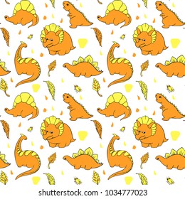 seamless children's pattern with little dinosaurs orange and yellow color. Hand-Drawn Vector