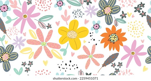 Seamless children's pattern with magical flowers. Creative children's urban texture for fabric, packaging, textiles, wallpaper, clothing. Seamless background with creative decorative flowers.