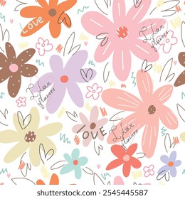 Seamless children's pattern with magical flowers, doodle. Seamless background with creative decorative flowers with words I love flowers.