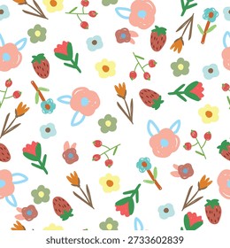 Patrón de niños sin fisuras con flores mágicas y bayas. Textura urbana de los niños creativos para la tela, el empaquetado, las materias textiles, el Fondo de pantalla, la ropa. Fondo transparente con flores decorativas creativas.