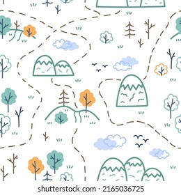 seamless children's pattern mountains and woodland trees clouds on white background nursery decor in scandinavian style