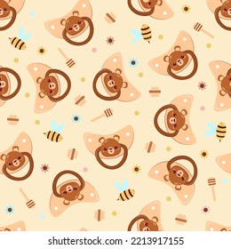 Seamless children's pattern on a beige background. A dummy with a bear. Pacifier for children