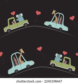 
Seamless children's pattern on dark background with animals and cars, texture for fabric, wrapping, textile, wallpaper, clothing