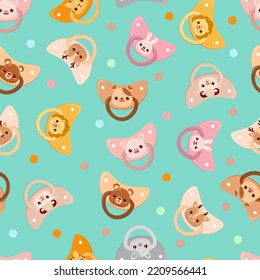 Seamless children's pattern on a green background. A dummy with animals. Pacifier for children