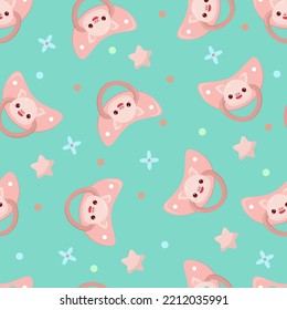 Seamless children's pattern on a green background. A dummy with a pig. Pacifier for children