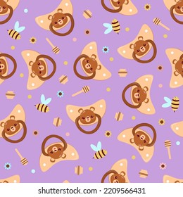 Seamless children's pattern on a purple background. A dummy with a bear. Pacifier for children