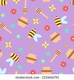 Patrón infantil sin foco sobre un fondo morado. Abejas, miel y miel, flores