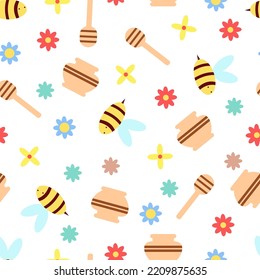 Nahtlose Kindermuster auf weißem Hintergrund. Bienen, Honig und Honigtopf