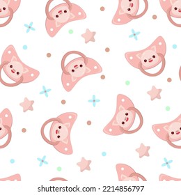 Seamless children's pattern on a white background. A dummy with a pig. Pacifier for children