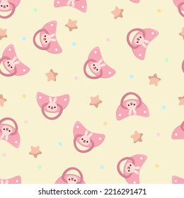 Seamless children's pattern on a yellow background. A dummy with a rabbit. Pacifier for children