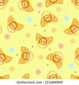 Seamless children's pattern on a yellow background. A dummy with a lion. Pacifier for children.