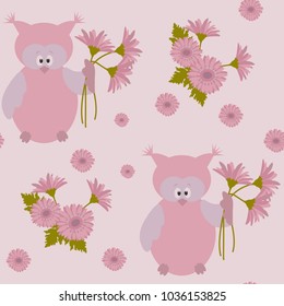 Seamless children's pattern with owls and gerbera flowers on a pink background. For decorating textiles, packaging and wallpaper. Vector illustration.