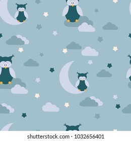 Seamless children's pattern with owls in the night sky. For decorating textiles, packaging and wallpaper. Vector illustration.