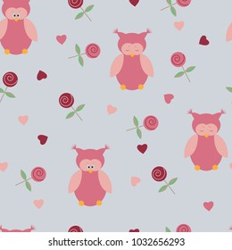 Seamless children's pattern with owls and roses on a gray background. For decorating textiles, packaging and wallpaper. Vector illustration.