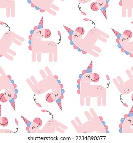 Seamless children's pattern with pink unicorns.