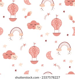 Seamless childrens pattern with rainbows, hot air balloons, moon and stars. Baby pattern with night sky. Fabric design. Wallpaper. Vector illustration.