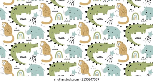 Seamless children's pattern with repeating flat patterns. Childish pattern with alligator, monkey and rhino in scandinavian style. Children's clothing design. Children's room design.