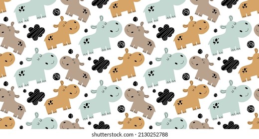 Seamless children's pattern with repeating flat patterns. Childish pattern with hippos in scandinavian style. Children's clothing design. Children's room design.