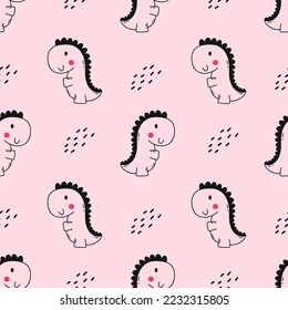 Seamless children's pattern for sewing clothes and printing on fabric. Background for newborn. Cute dino. Dinosaur on pink background. Hand drawn illustration.