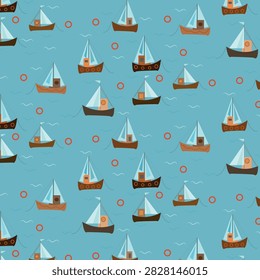 Seamless children's pattern with ships, boats, and yachts; blue sea, waves, cartoon background, vector 