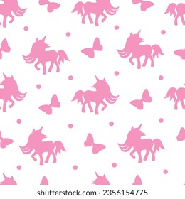  Seamless children's pattern with silhouettes of a unicorn and butterflies on a white background.