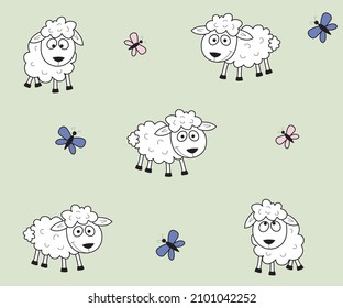 seamless children's pattern with small sheep and butterflies