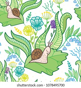 Seamless children's pattern with a snail among flowers