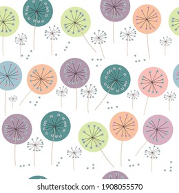 Seamless children's pattern in spring style with multi-colored dandelions. Creative abstract baby texture for fabric, packaging, textiles, wallpaper, clothing. Vector illustration template 