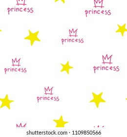 Seamless children`s pattern with stars. Little Princess. Creative background for fabric, textiles, wallpaper, clothing. Vector illustration for design.